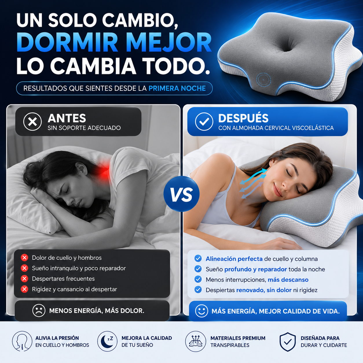 💤🔥 Almohada Cervical Viscoelástica — El descanso premium que tu cuello estaba esperando 😍🛌