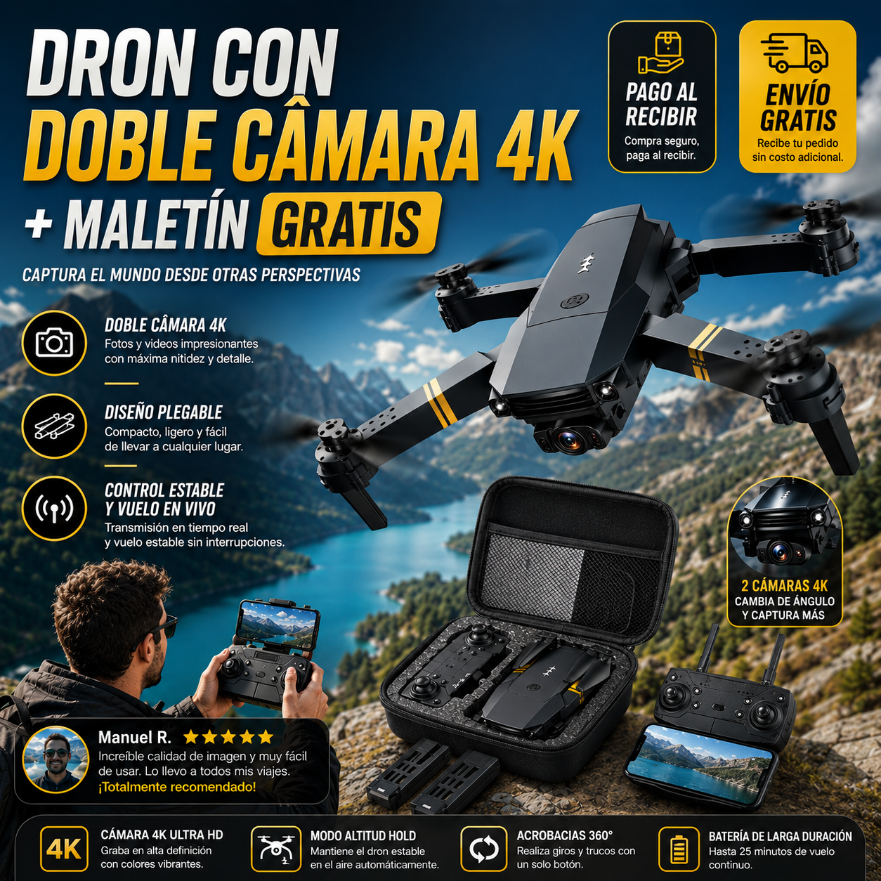 🚁 ¡Captura el mundo desde otra perspectiva con el increíble Dron con doble cámara 4K + Maletín Gratis antes de que se agote! 🔥