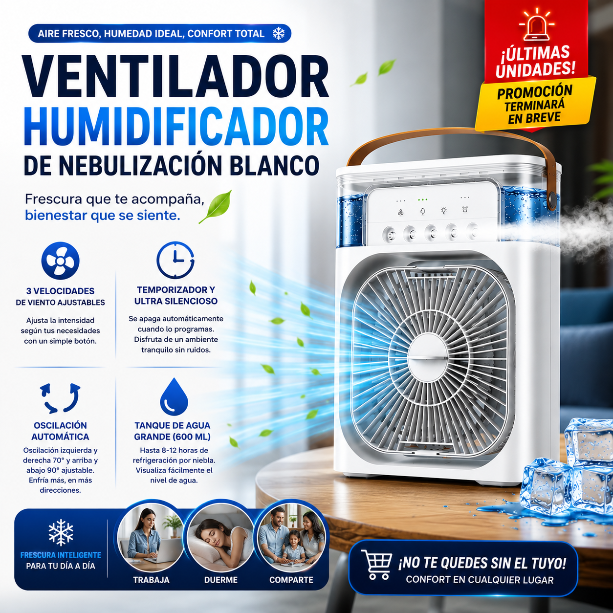 ❄️✨ Ventilador humidificador de nebulización blanco — ¡Transforma el calor en frescura instantânea y confort total en segundos!