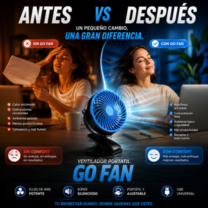 🚨 ¡NO DEJES QUE EL CALOR ARRUINE TU DÍA! Consigue ahora tu Ventilador Portátil GO FAN y disfruta frescura instantánea donde estés ❄️